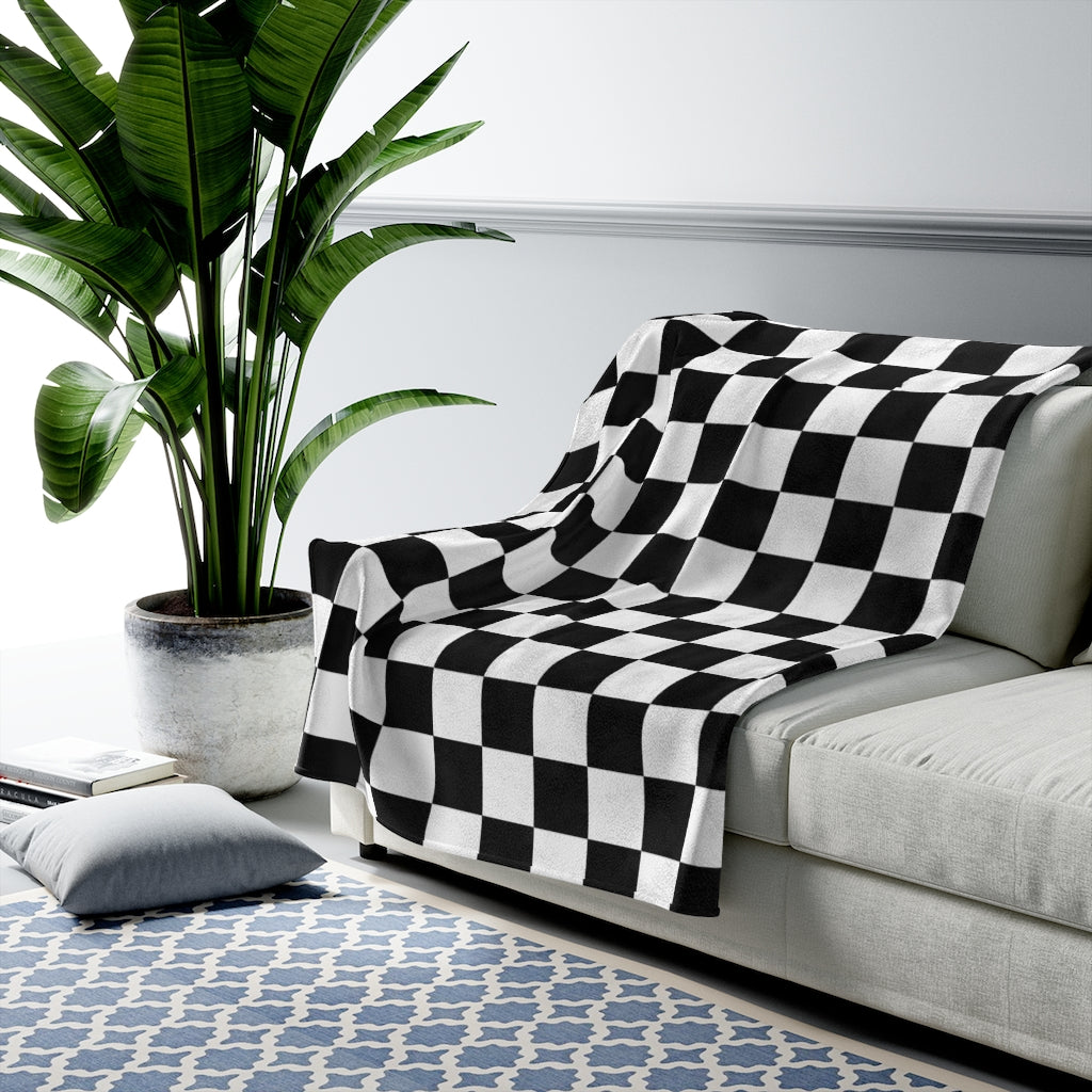 Black and White Checkerboard Velveteen Plush Blanket-The Dandelion Design Co
