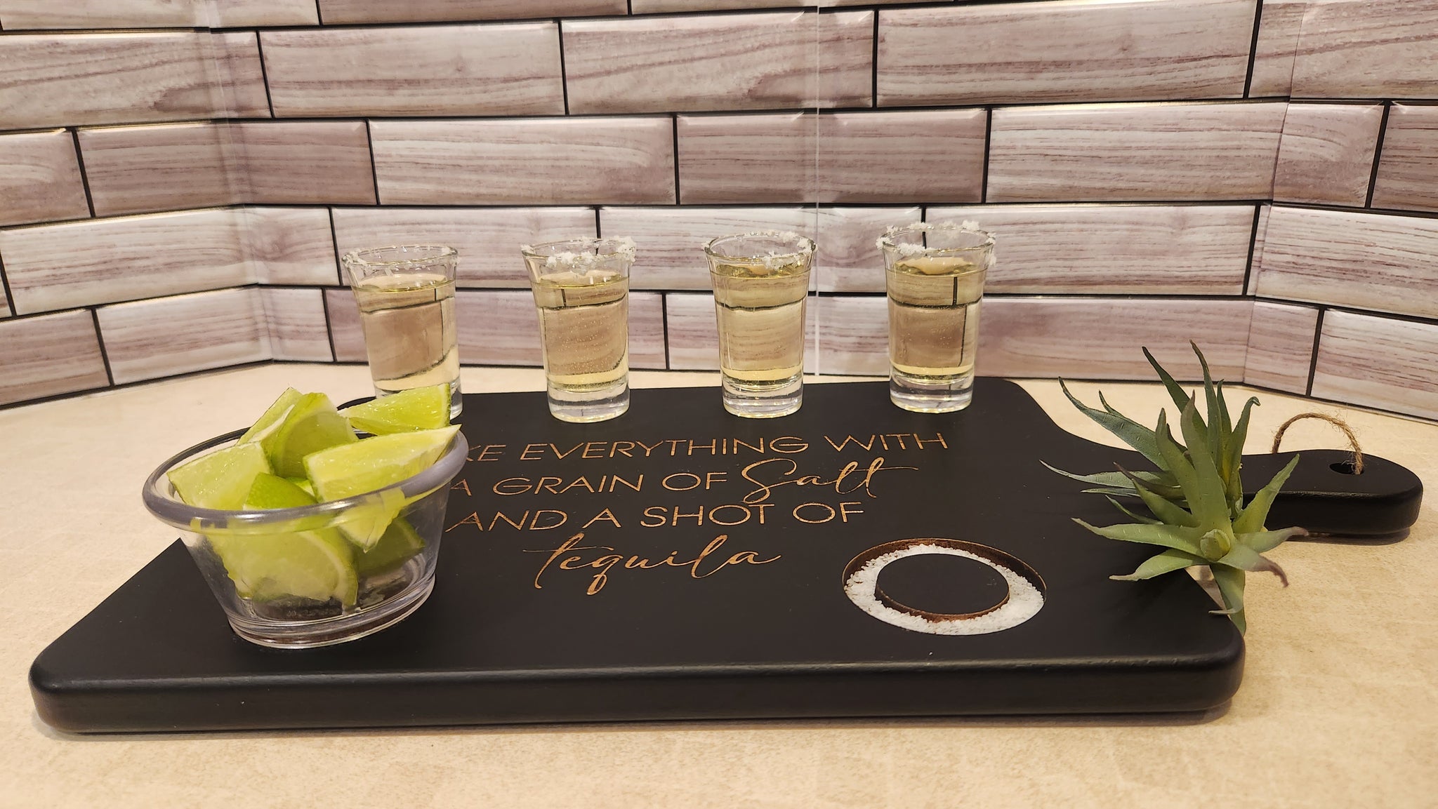Personalized Tequila Flight Board with Handle and Shot Glasses - charcuterie and cutting board